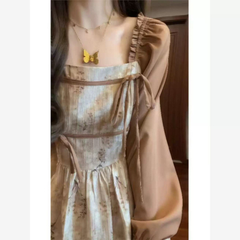 Flórás ruha, hamis két részes dizájnnal, hosszú ujjú, magas derékkal, A-line