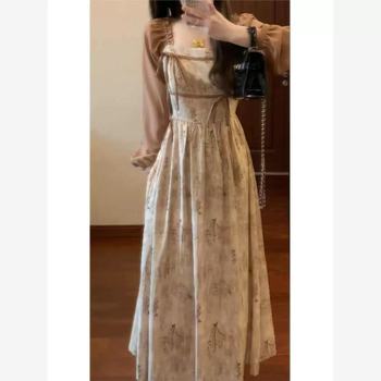 Flórás ruha, hamis két részes dizájnnal, hosszú ujjú, magas derékkal, A-line