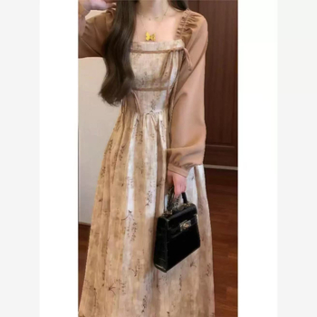 Flórás ruha, hamis két részes dizájnnal, hosszú ujjú, magas derékkal, A-line