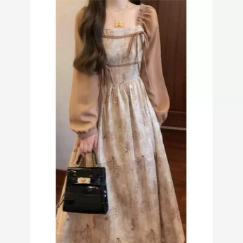 Flórás ruha, hamis két részes dizájnnal, hosszú ujjú, magas derékkal, A-line