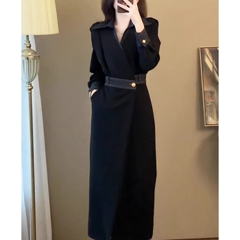 Hepburn-stílusú őszi-téli ruha hálószövetből, magas derékvonal, polo gallér, hosszú ujjak