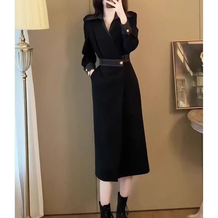 Hepburn-stílusú őszi-téli ruha hálószövetből, magas derékvonal, polo gallér, hosszú ujjak