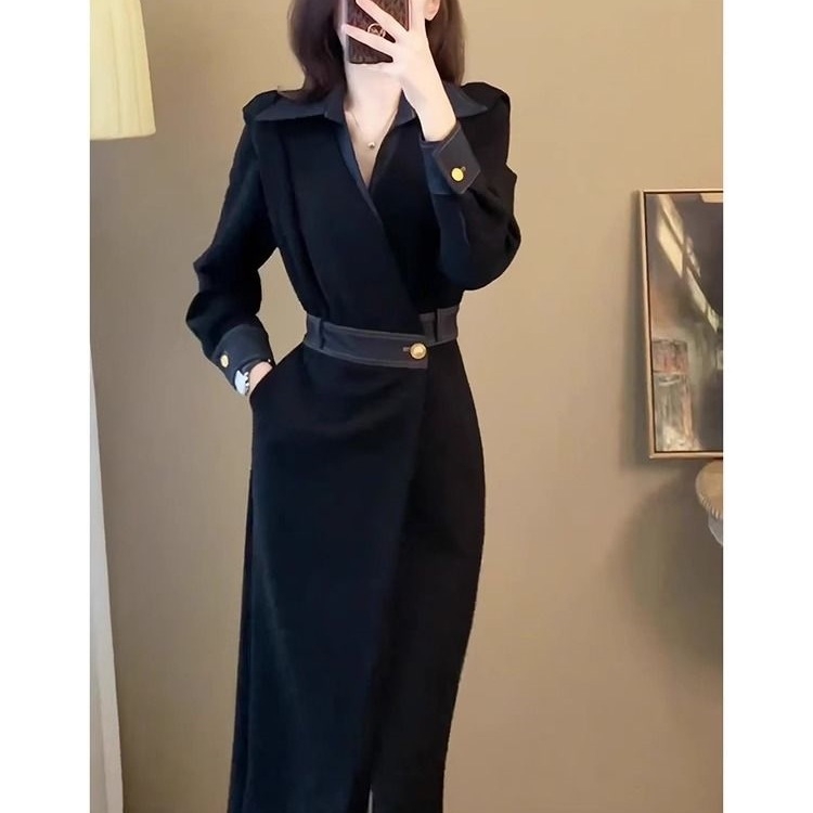 Hepburn-stílusú őszi-téli ruha hálószövetből, magas derékvonal, polo gallér, hosszú ujjak