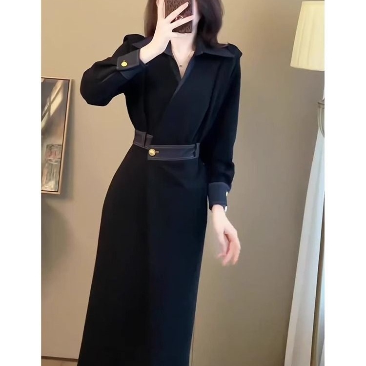 Hepburn-stílusú őszi-téli ruha hálószövetből, magas derékvonal, polo gallér, hosszú ujjak