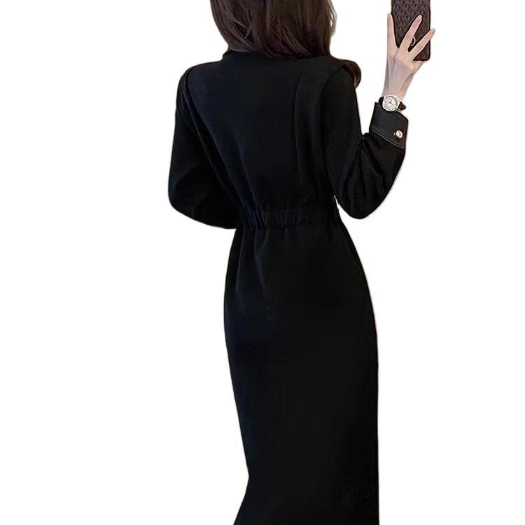 Hepburn-stílusú őszi-téli ruha hálószövetből, magas derékvonal, polo gallér, hosszú ujjak