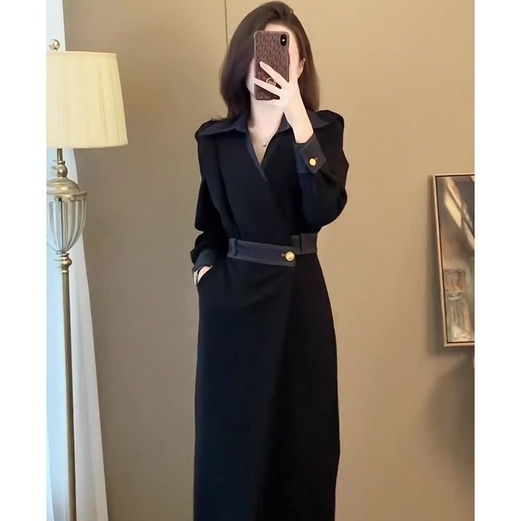 Hepburn-stílusú őszi-téli ruha hálószövetből, magas derékvonal, polo gallér, hosszú ujjak