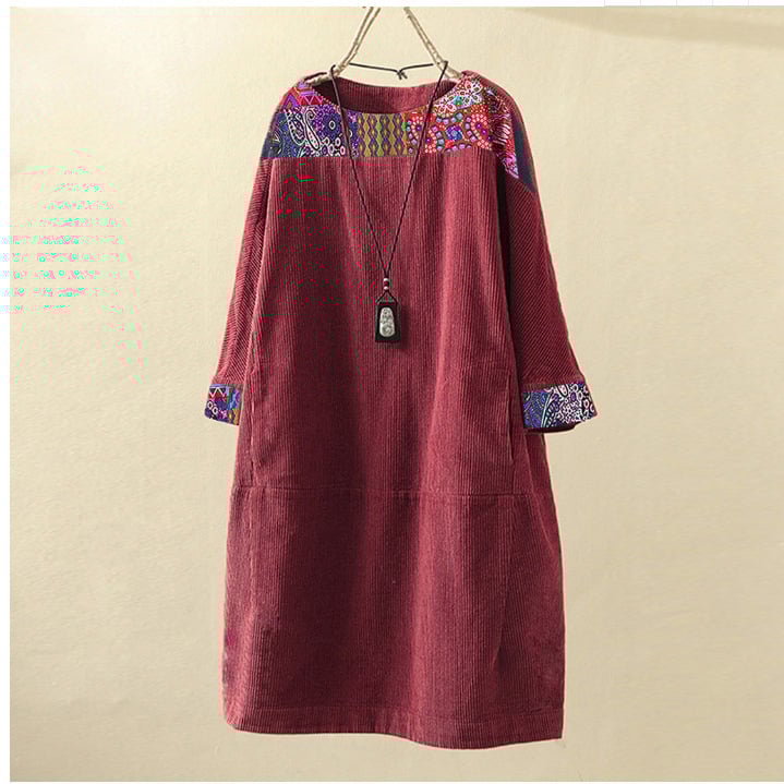 Corduroy A-vonalú ruha, kerek nyakú, raglán ujjú, 7/8 hosszú ujj, laza derék, egyszínű mintázat