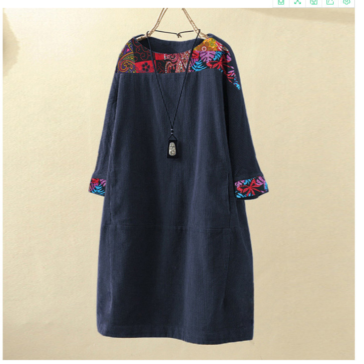 Corduroy A-vonalú ruha, kerek nyakú, raglán ujjú, 7/8 hosszú ujj, laza derék, egyszínű mintázat