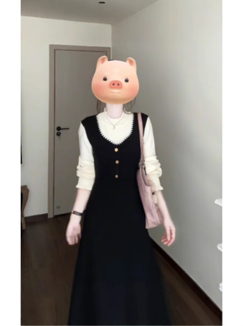 Francia inspirációjú kötött ruha, kerek nyak, hosszú ujjú, magas derék, A-vonalú szabás, hosszú ruha