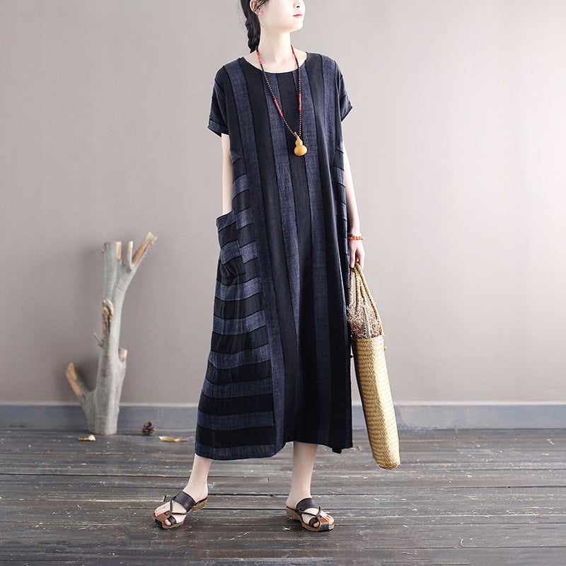 Csíkos ruha, kerek nyakú, rövid laza ujjú, hosszú A-vonalú sziluett, pamut-viszkóz keverék, retro stílus