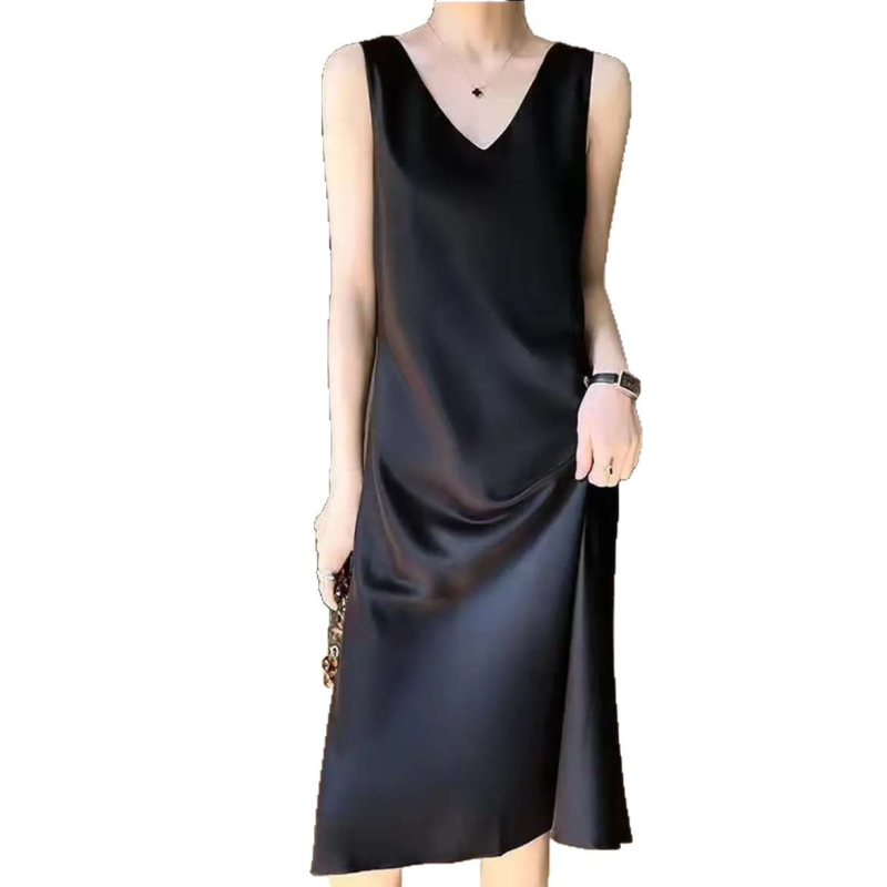 Poliészterből készült A-vonalú ruha, V-nyakkal, ujjatlan, hosszú.