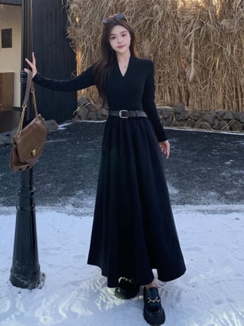 V-nyakú, hosszú ujjú ruha, magas derékkal, középmagas hosszúságú