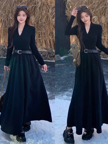 V-nyakú, hosszú ujjú ruha, magas derékkal, középmagas hosszúságú