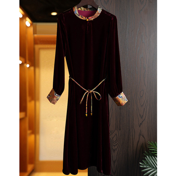 Rochie din catifea de mătase, guler înalt, croială A-line, mâneci lungi, talie lejeră