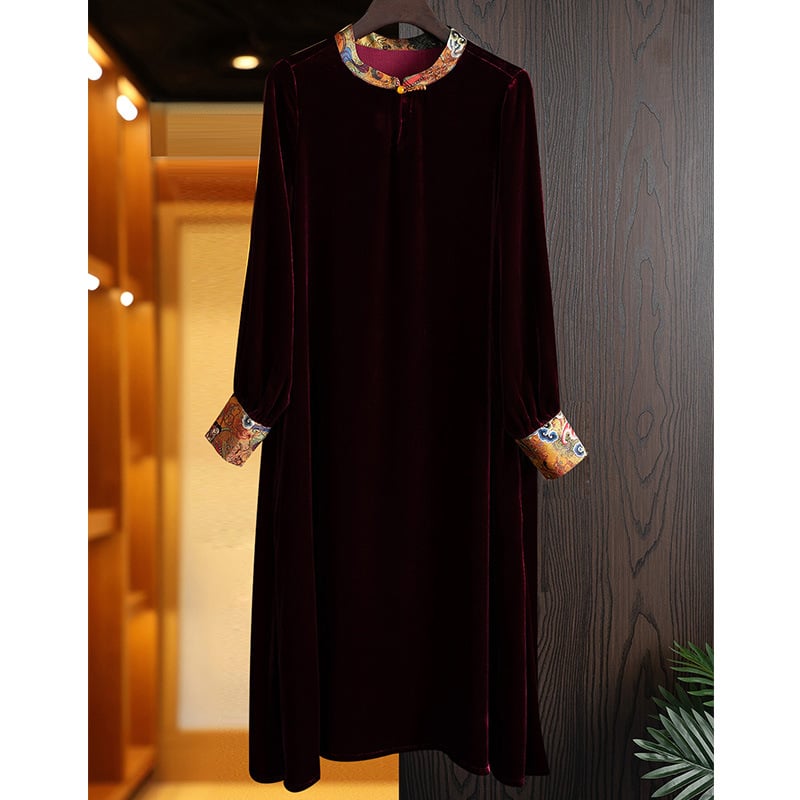 Rochie din catifea de mătase, guler înalt, croială A-line, mâneci lungi, talie lejeră