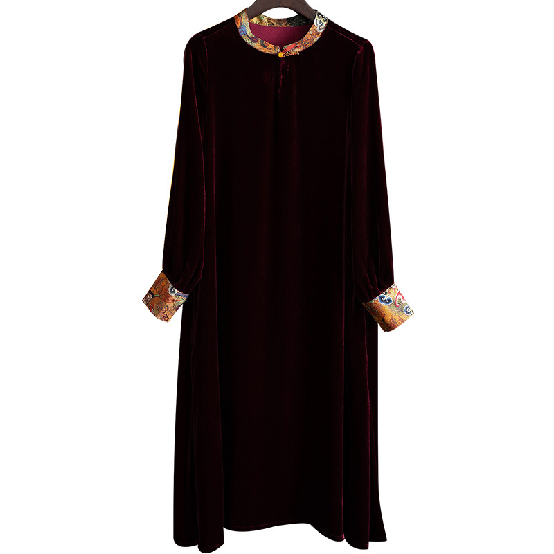 Rochie din catifea de mătase, guler înalt, croială A-line, mâneci lungi, talie lejeră