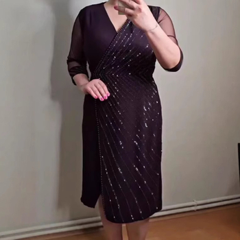 Haljina plus veličine, poliester, jednobojna, V-izrez, visok struk, A-linijski kroj, srednja duljina, proljeće 2025