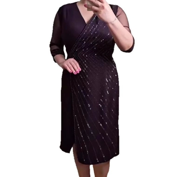 Haljina plus veličine, poliester, jednobojna, V-izrez, visok struk, A-linijski kroj, srednja duljina, proljeće 2025