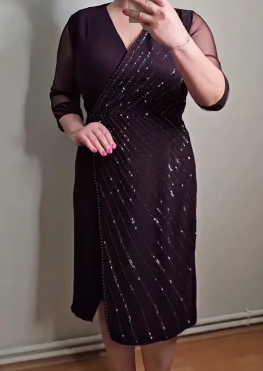 Haljina plus veličine, poliester, jednobojna, V-izrez, visok struk, A-linijski kroj, srednja duljina, proljeće 2025