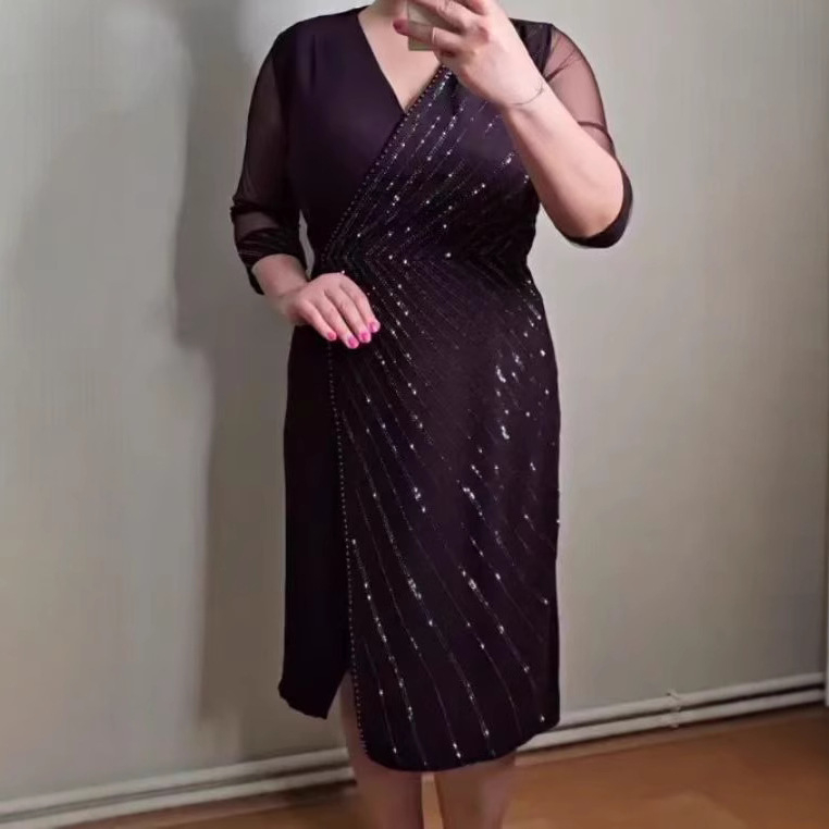 Haljina plus veličine, poliester, jednobojna, V-izrez, visok struk, A-linijski kroj, srednja duljina, proljeće 2025