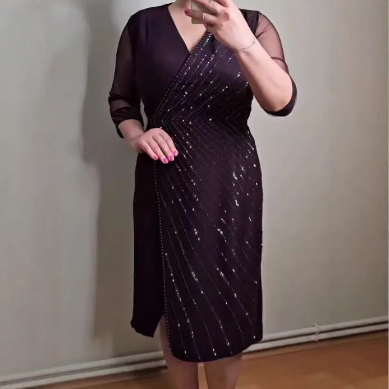 Haljina plus veličine, poliester, jednobojna, V-izrez, visok struk, A-linijski kroj, srednja duljina, proljeće 2025