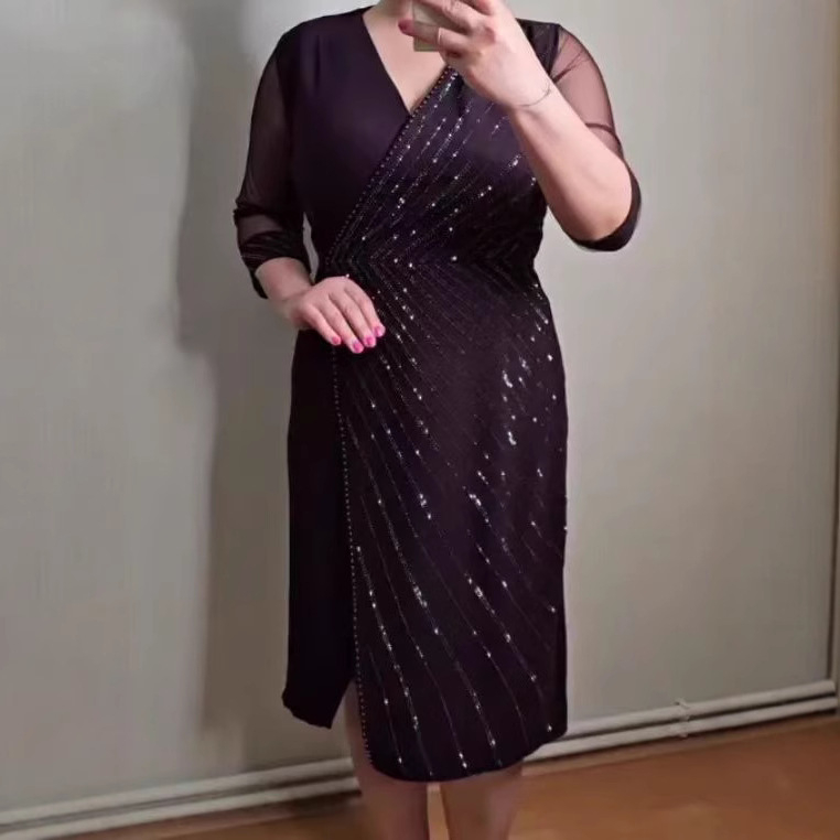 Haljina plus veličine, poliester, jednobojna, V-izrez, visok struk, A-linijski kroj, srednja duljina, proljeće 2025