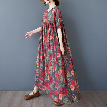 Pamut virágmintás hosszú ruha kerek nyakkal, rövid ujjú, laza derék, retro művészi vintage stílus
