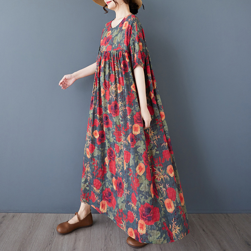 Pamut virágmintás hosszú ruha kerek nyakkal, rövid ujjú, laza derék, retro művészi vintage stílus