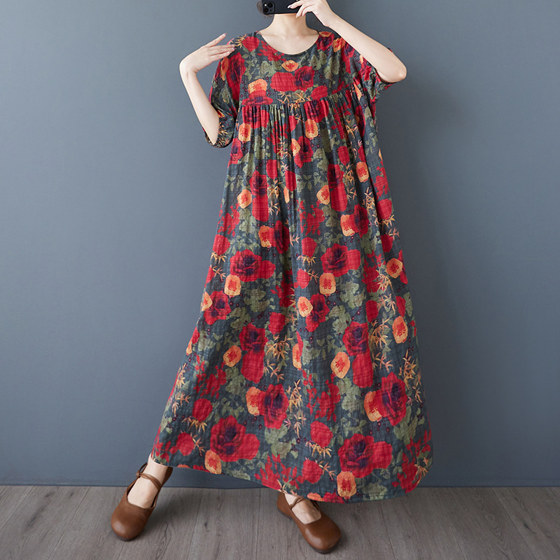 Pamut virágmintás hosszú ruha kerek nyakkal, rövid ujjú, laza derék, retro művészi vintage stílus