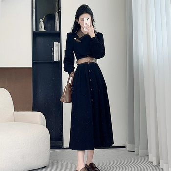 Haljina A-linije, dugi rukavi, polo ovratnik, visok struk, poliester tkanina