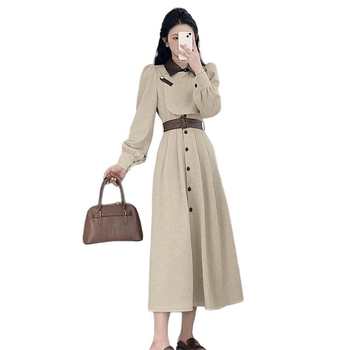 Haljina A-linije, dugi rukavi, polo ovratnik, visok struk, poliester tkanina