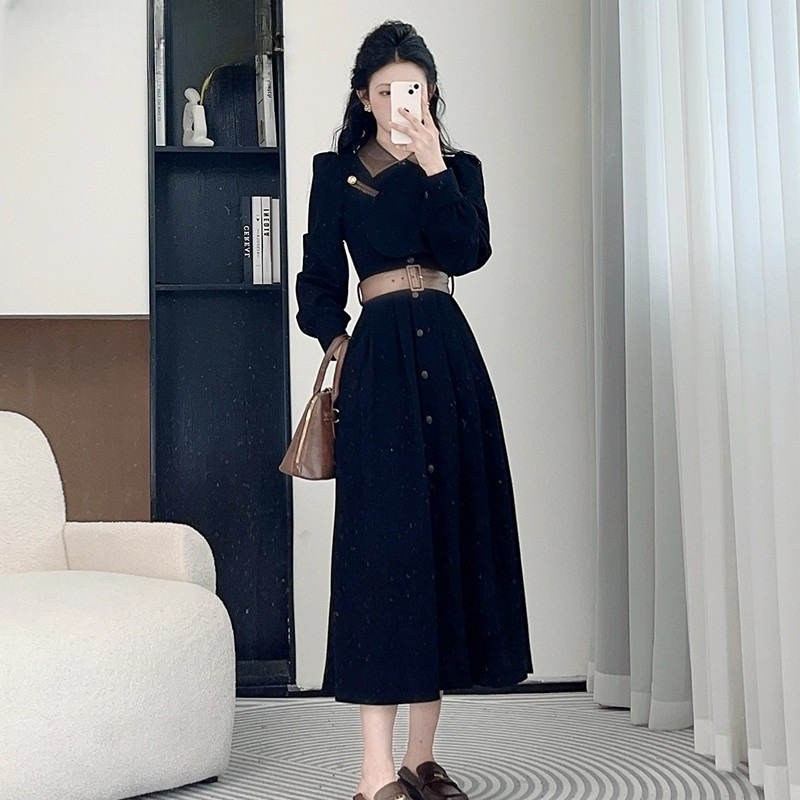 Haljina A-linije, dugi rukavi, polo ovratnik, visok struk, poliester tkanina