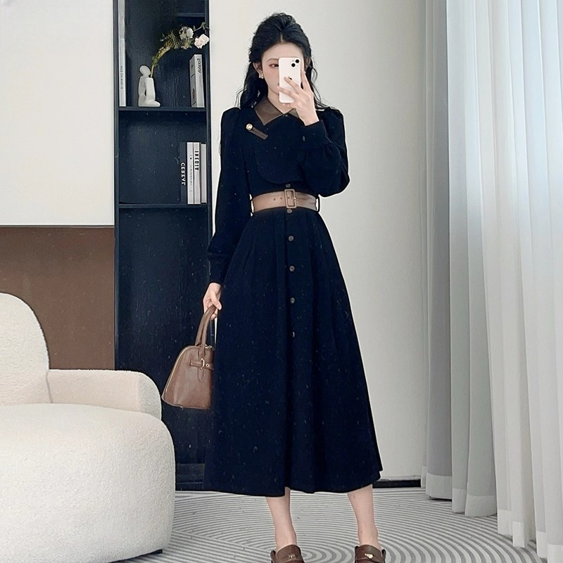 Haljina A-linije, dugi rukavi, polo ovratnik, visok struk, poliester tkanina