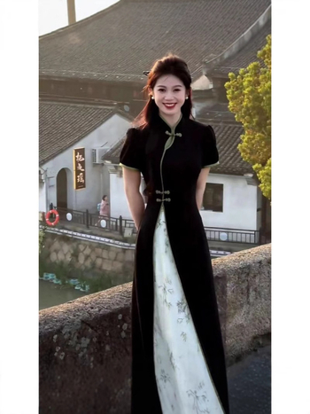 Kínai stílusú ruha álló gallérral, magas derekú A-vonalú hosszú siluett, rövid ujjú, 3D mintázat, TR anyag (polietesters-spandex)