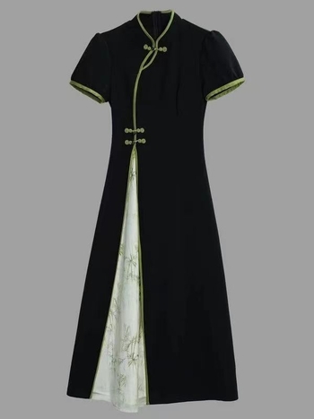 Kínai stílusú ruha álló gallérral, magas derekú A-vonalú hosszú siluett, rövid ujjú, 3D mintázat, TR anyag (polietesters-spandex)