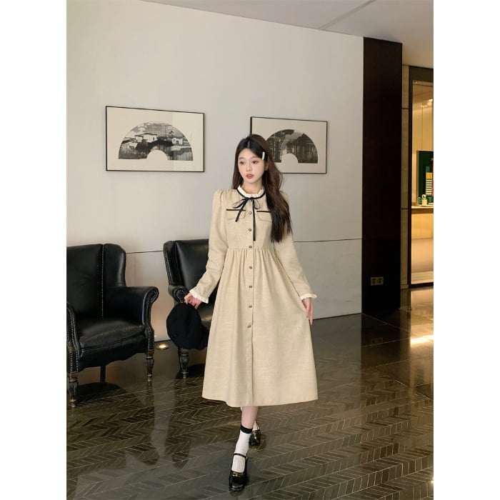 Plusz méretű ruha francia stílusú eleganciával, magas derék, lótuszlevél gallér, hercegnő ujjak, középtávú-hosszú hosszúság, poliészter