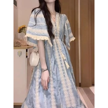 Hosszú ruha A-vonalú, V-nyakú, rövid ujjú, poliészter anyagú