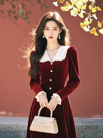 Baba galléros bársonyruha, A-vonalú, midi hossz, hosszú ujjú, magas derék, cipzár