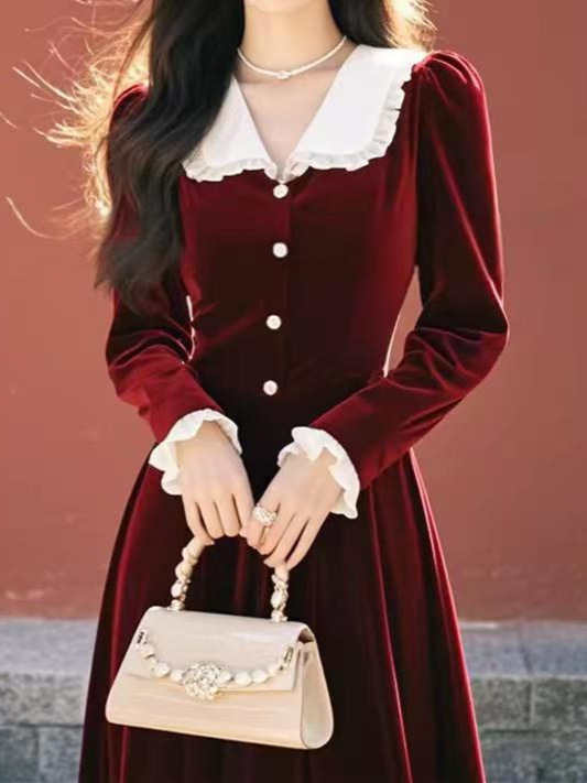 Baba galléros bársonyruha, A-vonalú, midi hossz, hosszú ujjú, magas derék, cipzár