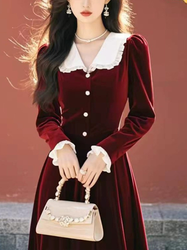 Baba galléros bársonyruha, A-vonalú, midi hossz, hosszú ujjú, magas derék, cipzár