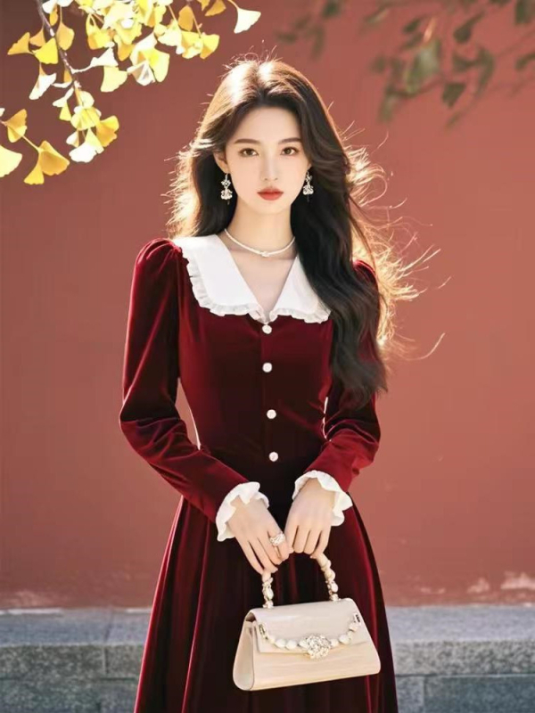 Baba galléros bársonyruha, A-vonalú, midi hossz, hosszú ujjú, magas derék, cipzár