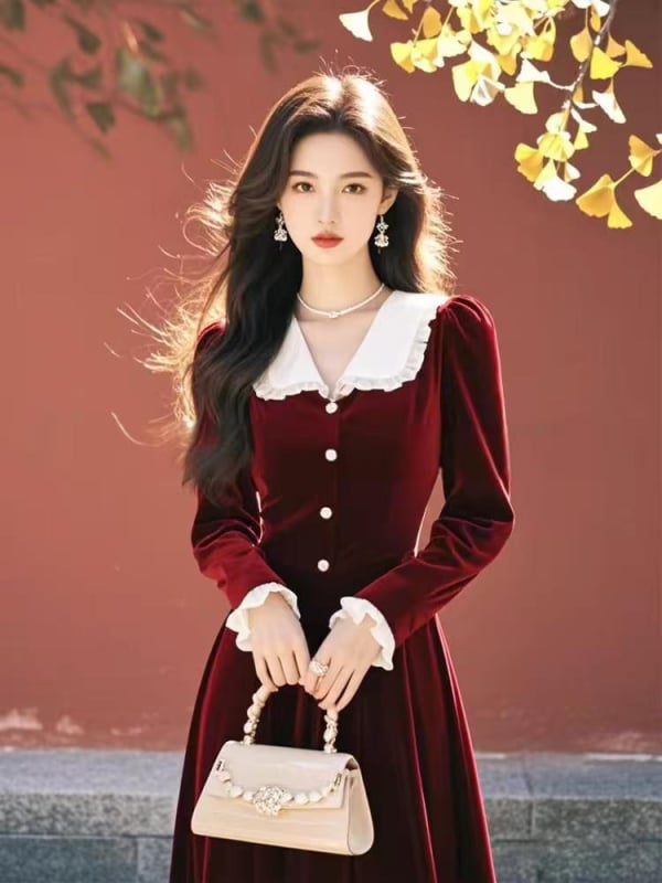 Baba galléros bársonyruha, A-vonalú, midi hossz, hosszú ujjú, magas derék, cipzár