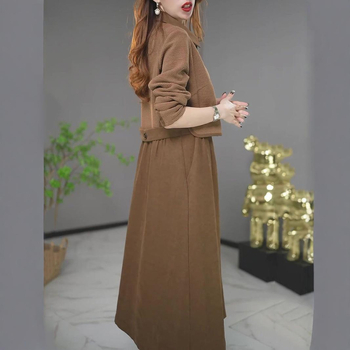 Női ruha hamis kétrészes dizájnnal, poliészter anyag, polo gallér, hosszú ujjú, A-vonalú középméretű ruha