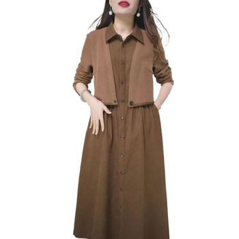 Női ruha hamis kétrészes dizájnnal, poliészter anyag, polo gallér, hosszú ujjú, A-vonalú középméretű ruha