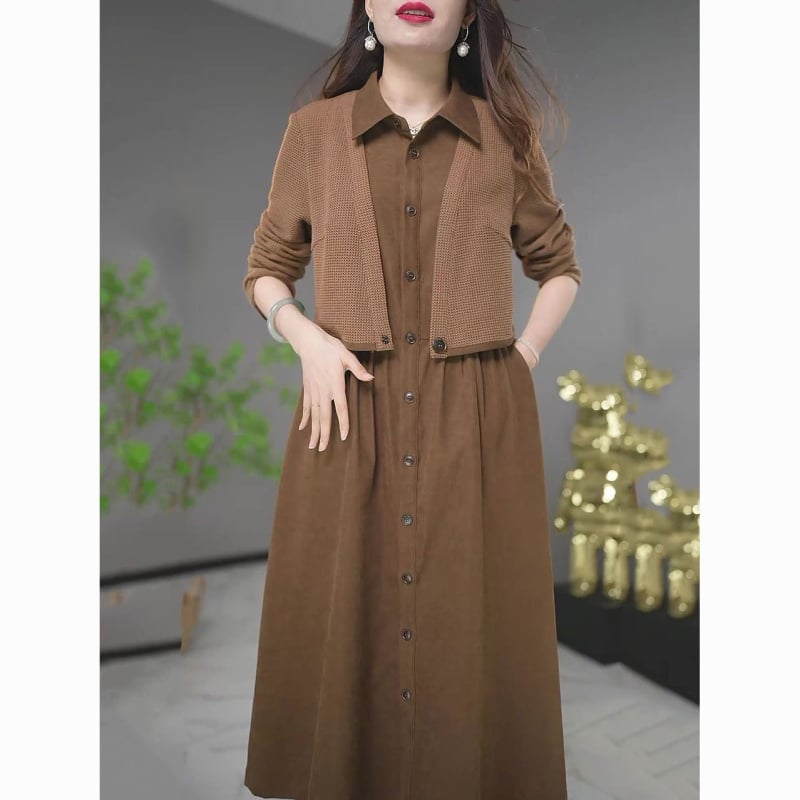 Női ruha hamis kétrészes dizájnnal, poliészter anyag, polo gallér, hosszú ujjú, A-vonalú középméretű ruha