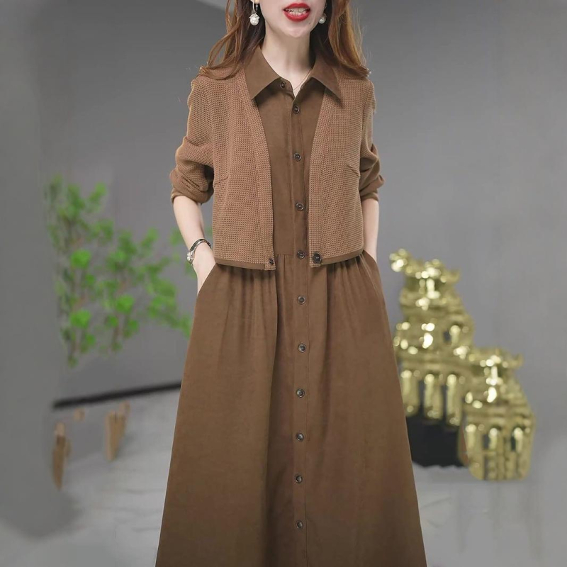 Női ruha hamis kétrészes dizájnnal, poliészter anyag, polo gallér, hosszú ujjú, A-vonalú középméretű ruha