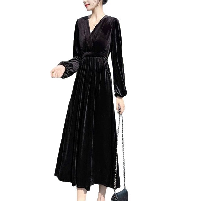 Poliészterből készült V-nyakú ruha hosszú ujjúval, magas derékkal, A-vonalú sziluettel