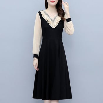 Női A-vonalú midi ruha, V-nyakú, magas derék, poliészter, egyszínű minta