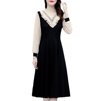 Női A-vonalú midi ruha, V-nyakú, magas derék, poliészter, egyszínű minta