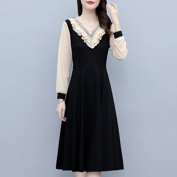 Női A-vonalú midi ruha, V-nyakú, magas derék, poliészter, egyszínű minta